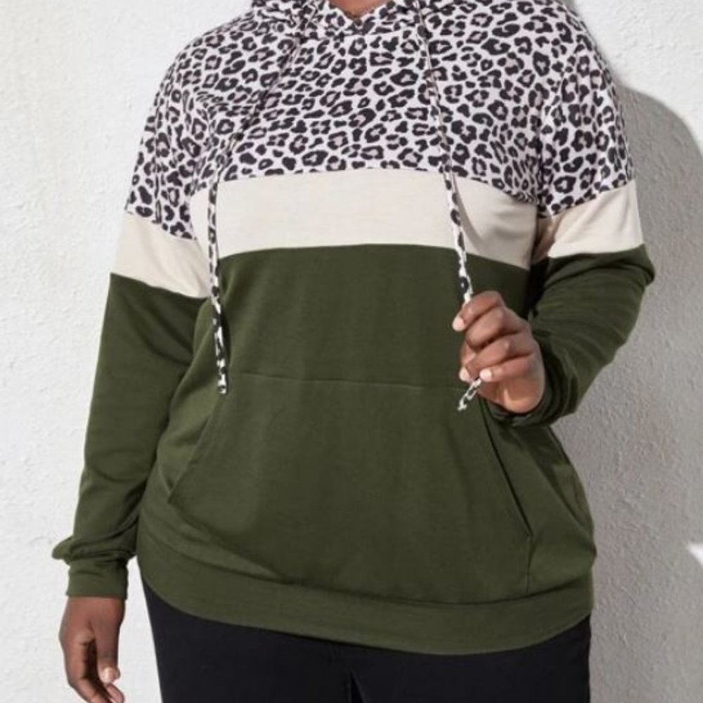 SHEIN NEW Kangaroo Leopard Colorblock Hoodie